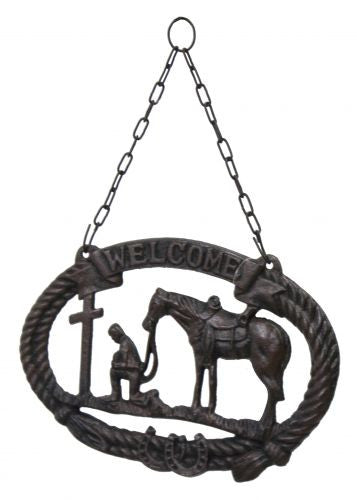 Engraved metal praying cowboy wall hang with chain.
