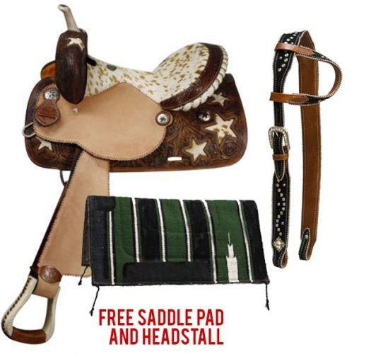 Double T Barrel Style Saddle package with Hair On Cowhide Seat and Star Inlays.