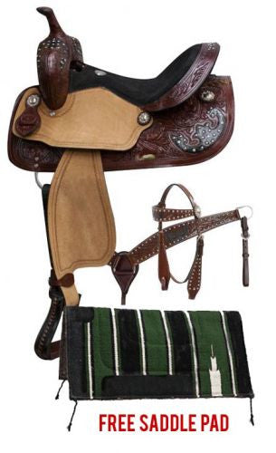 14", 15", 16" Double T  saddle package set with burgundy floral tooled leather and silver studded black leather inlay.