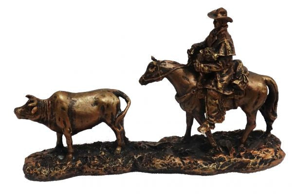 Montana West ® 8" X 5" Bronze colored cowboy on horse with calf.