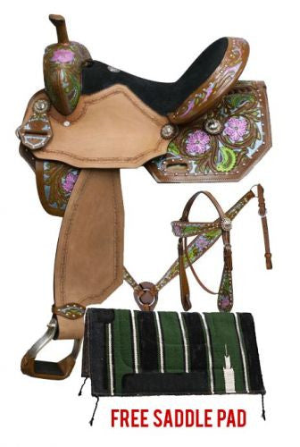 14", 16" Double T  barrel style saddle package set with metallic painted floral tooling.