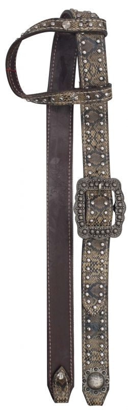 Showman ® One Ear Belt Style Leather Headstall with snake print.
