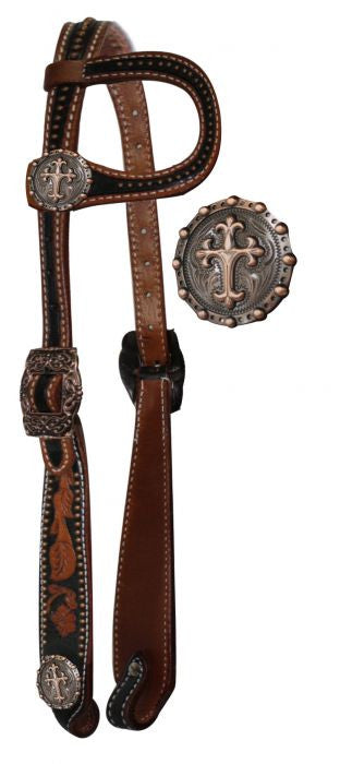 Showman ® Vintage Style One Ear Headstall with Raised Celtic Cross Conchos.