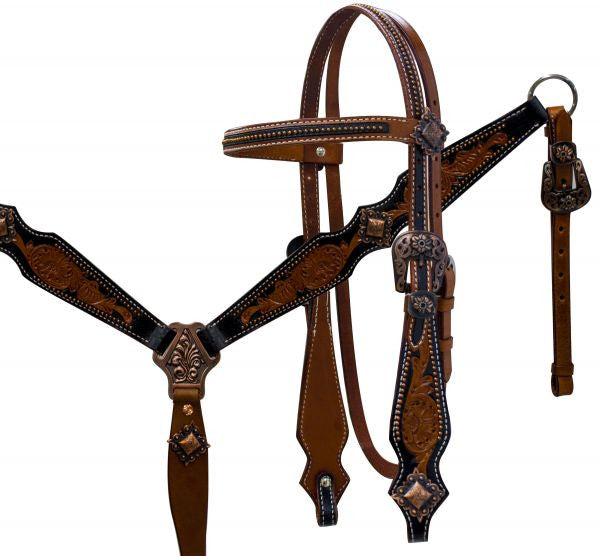 Showman ® Double stitched medium leather headstall and breast collar set with brushed copper accents.
