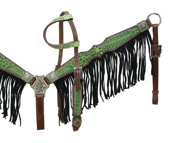 Showman ® Medium leather headstall and breast collar with lime alliigator print and black suede fringe