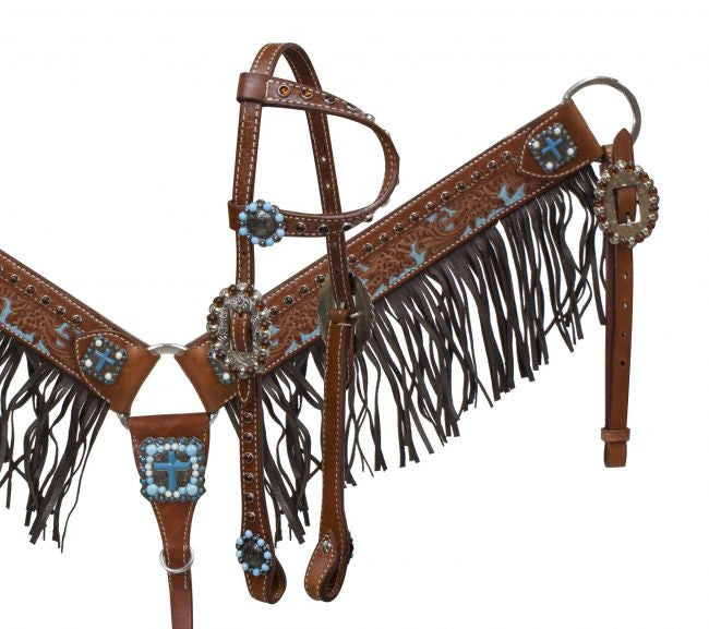Showman ® Medium leather fringe headstall and breast collar with turquoise stone cross conchos.