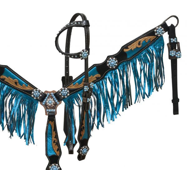 Showman ® Black leather headstall and breast collar set with metalic fringe and inlays
