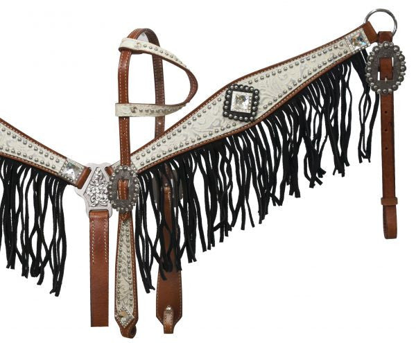 Showman ® Medium leather headstall and breast collar set with silver and white filigree overlay with black suede fringe.
