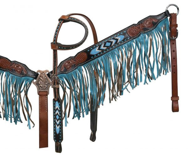 Showman ® Black and medium leather headstall and breast collar set with beaded inlay and suede fringe.