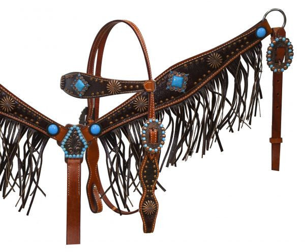Showman ® Medium leather headstall and breast collar with textured leather overlay and antique conchos with leather fringe