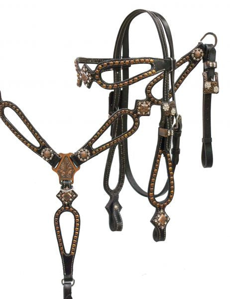 Showman ® Black leather headstall and breast collar set with copper studs and copper engraved conchos.