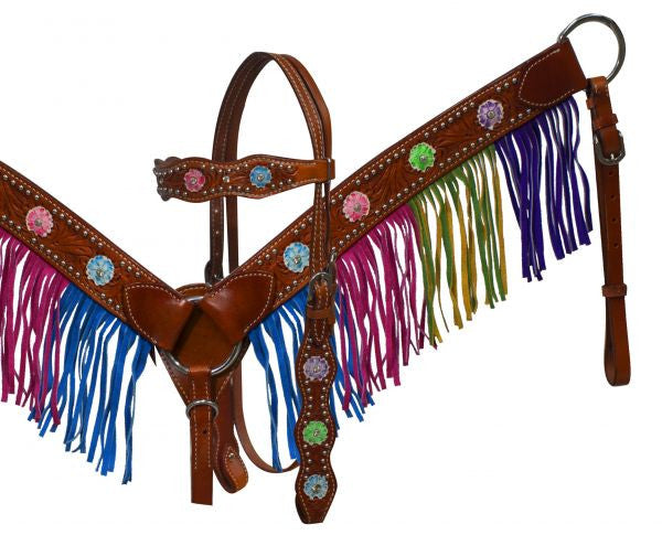 Showman ® Medium leather headstall and breast collar with mulit colored fringe and painted flowers.