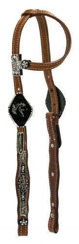 Showman ® One ear medium leather headstall with antiqued engraved silver.