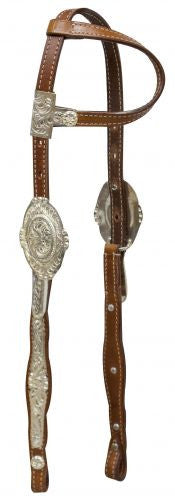 Showman ® double stitched medium oil headstall with engraved silver cheeks and buckles.