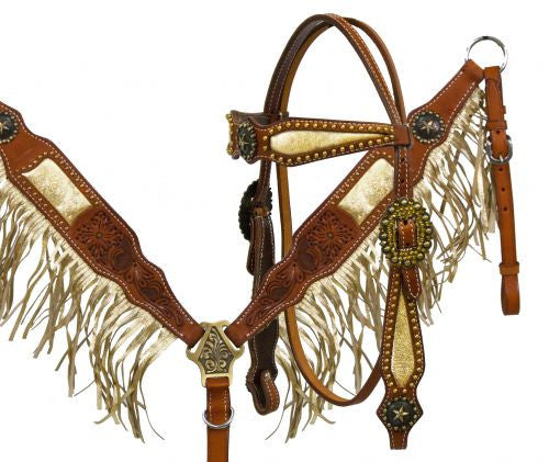 Showman ® Argentina cow leather gold fringe headstall and breast collar set with star conchos.
