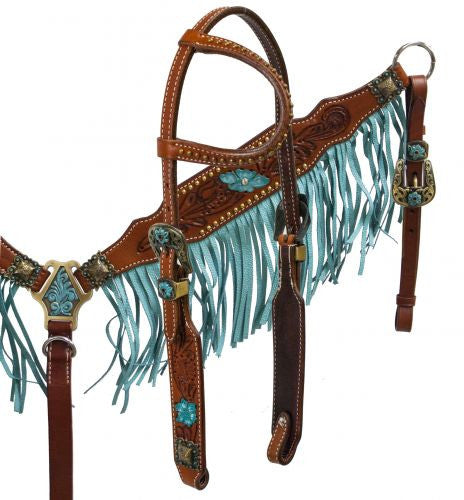 Showman ®  Argentina cow leather turquoise fringe headstall and breast collar set.