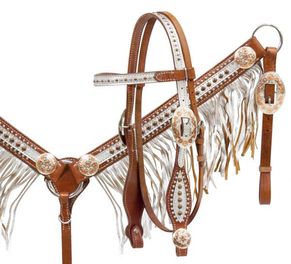 Showman ® Medium leather headstall and breast collar set with silver overlay and fringe with rose gold accents.
