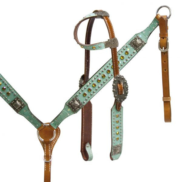 Showman ® Headstall and breast collar set with aqua overlay accented with glitter stars.