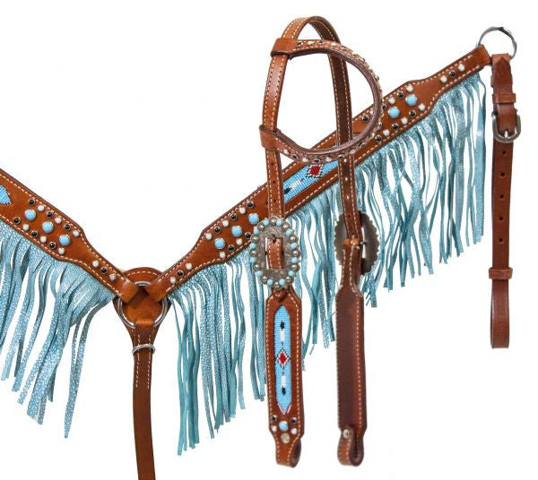 Showman ® Medium leather headstall and breast collar set with beaded inlay and turquoise sting ray print fringe.