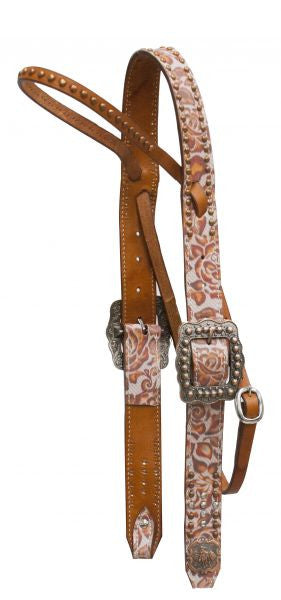 Showman ® Argentina cow leather belt style headstall with copper studded brow band and engraved copper barrel racer conchos.