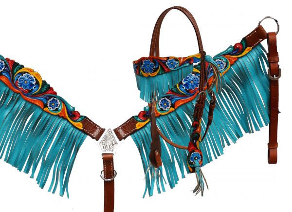 Showman ® Headstall and breast collar set with teal fringe and hand painted floral tooling.