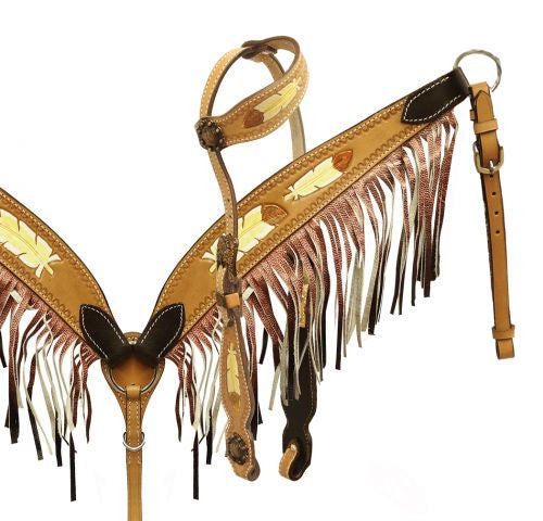 Showman® Hand painted feather design headstall and breast collar with ombre fringe.
