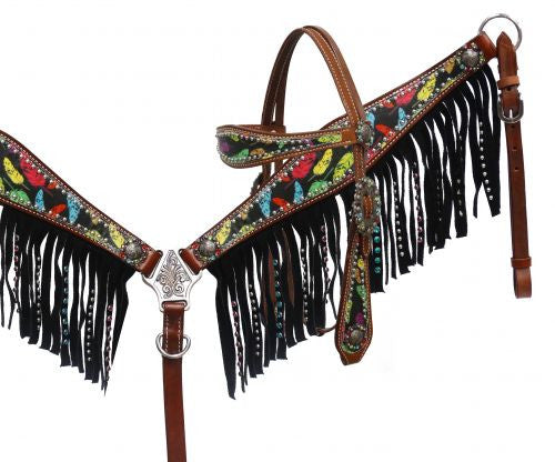 Showman® Feather print headstall and breast collar set.