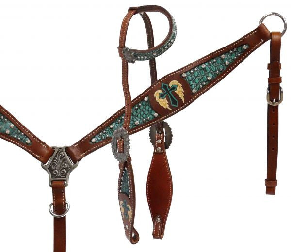 Showman ® Single ear headstall and breast collar set with alligator print inlay and painted cross with wings.