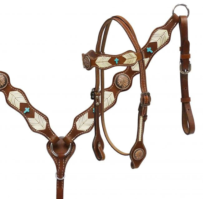 Showman® Native American Chief headstall and breast collar set with rawhide braiding.