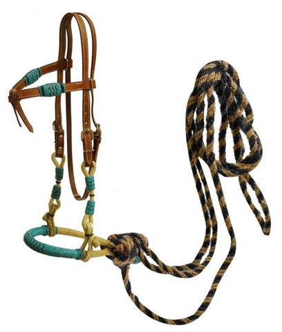 Showman ® leather futurity knot headstall with teal rawhide braided bosal and horse hair mecate reins.