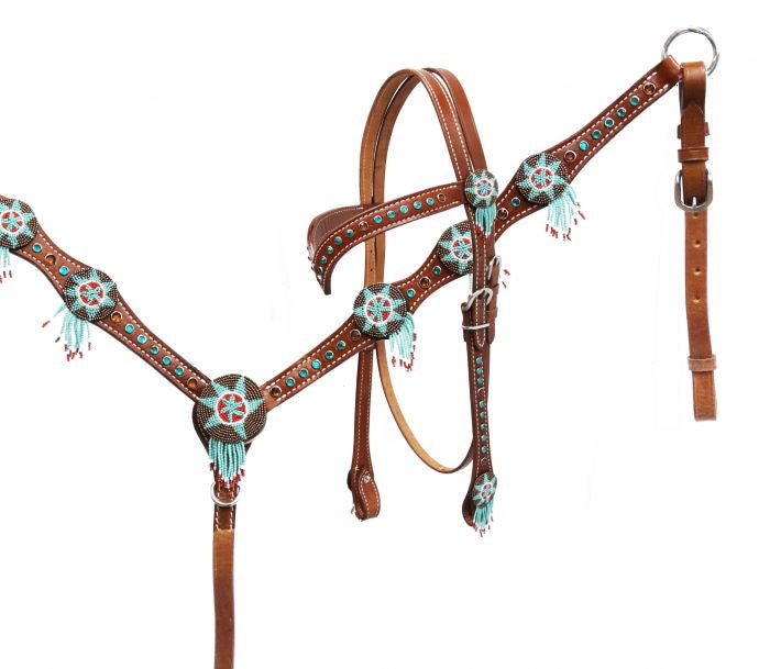 Showman® Headstall and breast collar set with beaded dream catchers.