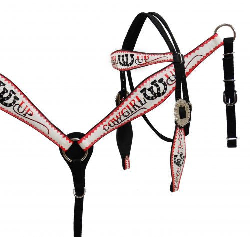 Showman ® Horse size nylon headstall and breast collar set with hand painted " Cowgirl Up" design.