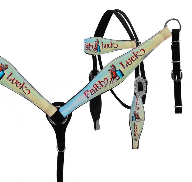 Showman ® Horse size nylon headstall and breast collar set with hand painted " Faith & Luck" design.