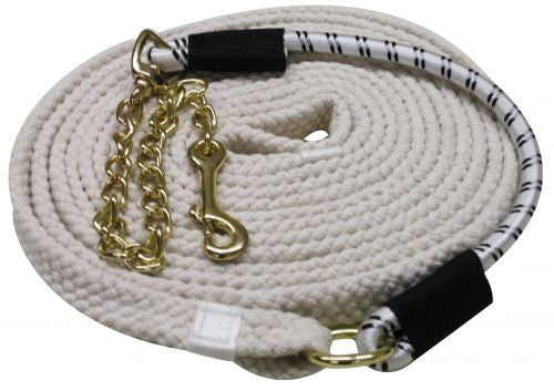25' long flat braided cotton lunge line with 20" brass chain and 18" bungee tie