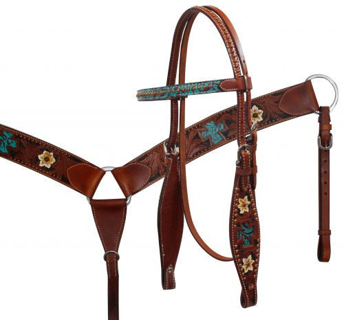 Showman ® Headstall and Breast Collar Set with Teal Filigree Cross Inlay and Painted Flowers.