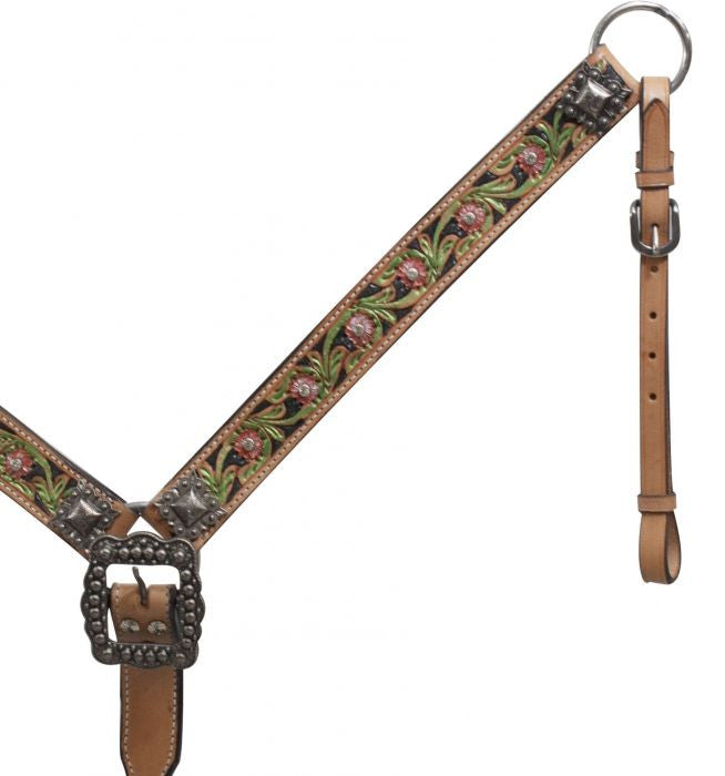 Showman ® Belt Style Painted Floral Tooled Leather Breast Collar.