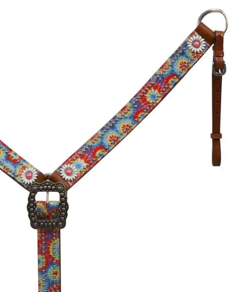 Showman ® Tie dye print belt style breast collar with silver accents.