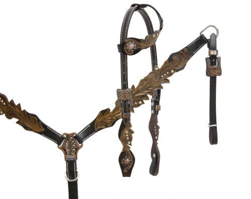 Showman ® One ear headstall with cut out filigree tooling accented with crystal rhinestones.