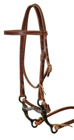 Showman™ Leather pony size bridle with reins and pony size grazing bit.  Made in USA.