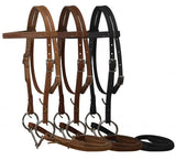 Double stitched pony bridle complete with twisted wire snaffle bit and reins. Made in the USA.