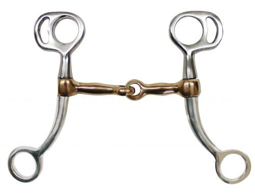 Showman™ stainless steel mini tom thumb bit with 5.75" cheeks. Copper 3.75" broken mouth piece
