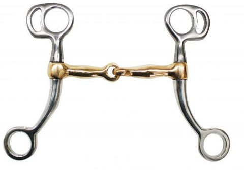 Showman™ stainless steel pony tom thumb bit with 6" cheeks. Copper 4" broken mouth piece.