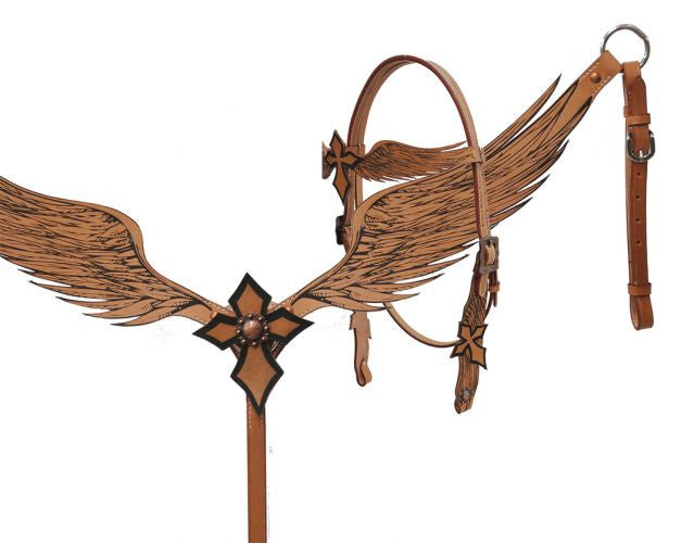 Showman ® Angel wing headstall and breast collar set with cross.