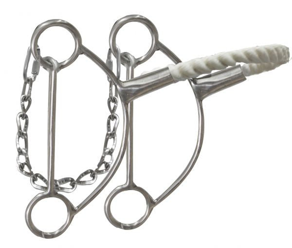Showman ® Stainless steel hackamore with wax coated twisted rope noseband.  6" cheeks.