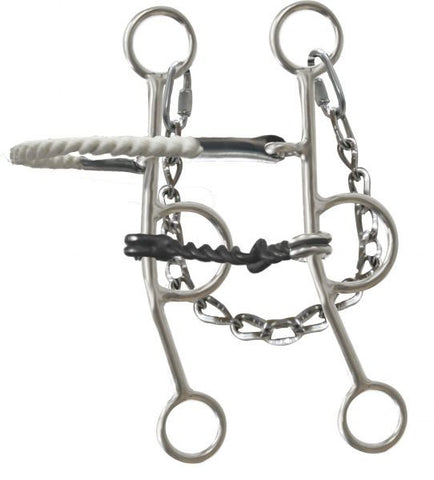 Showman ® Stainless steel hackamore with wax coated twisted rope nose combination sliding gag bit with 8" cheeks.