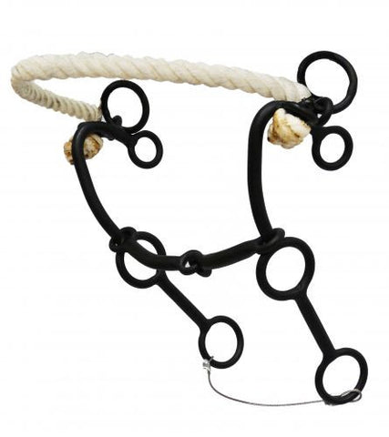 Showman® Black steel combination hackamore with rope nose.