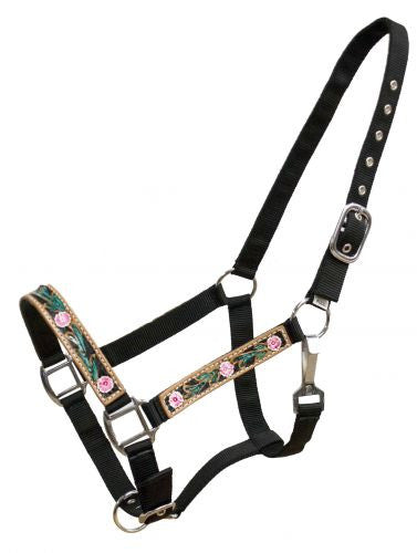 Showman FULL SIZE Floral painted tooled leather overlay halter with nylon