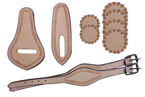 10 Piece saddle leather replacement kit.  Light leather accented with scalloped tooled boarders.