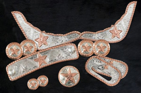 12 piece engraved copper star silver trim kit. Engraved silver plates and conchos accented with a copper trim and star.