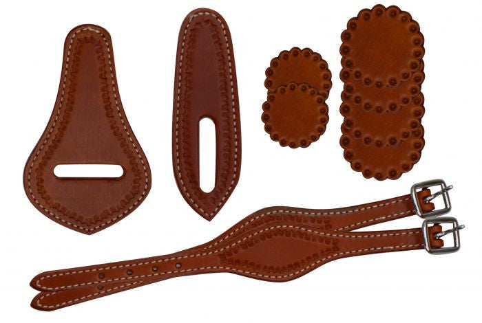 10 Piece saddle leather replacement kit. Medium leather accented with scalloped tooled boarders.